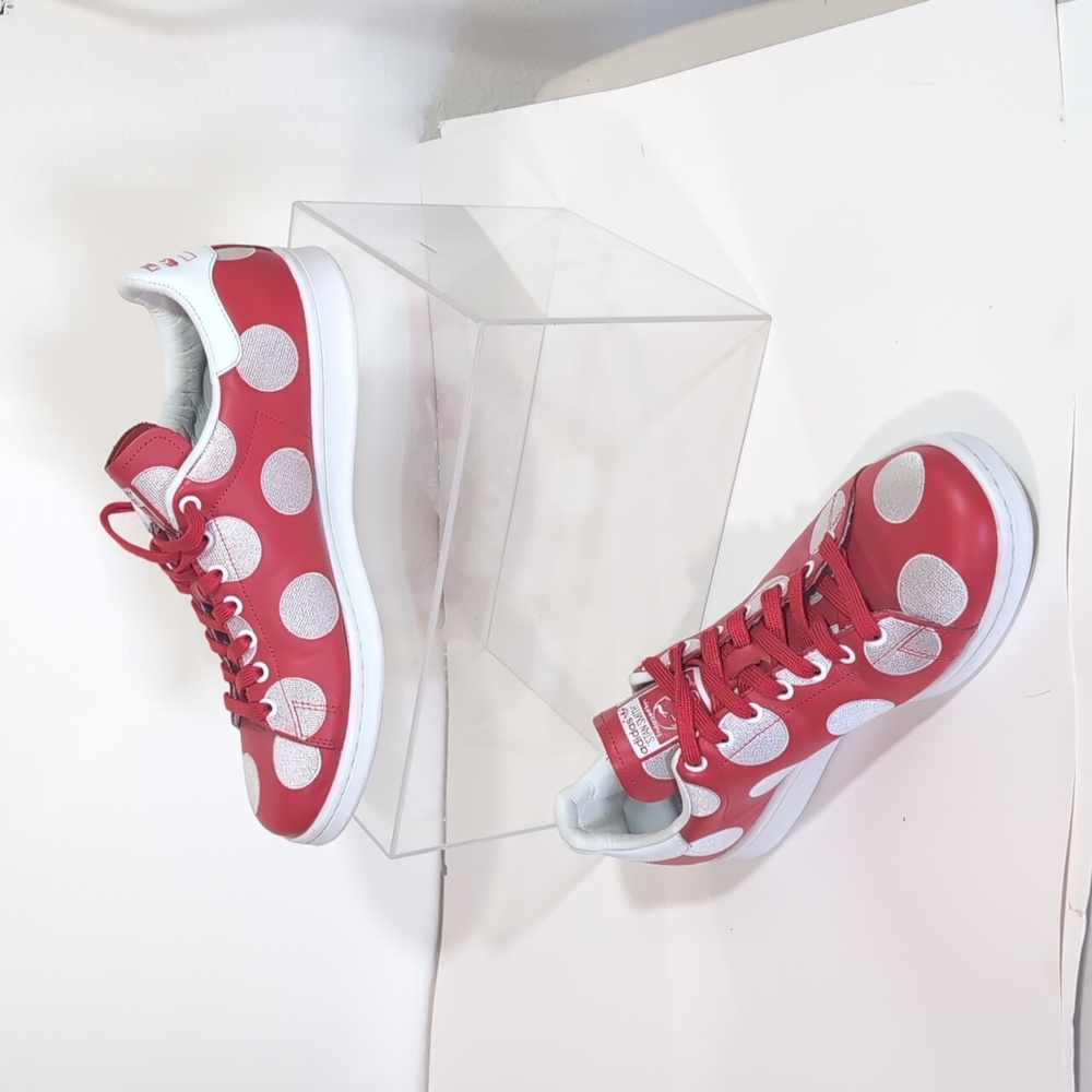 Men's bright red and silverish white polka dots Adidas Stan Smith endorsed